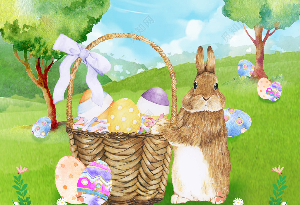 复活节卡通水彩彩蛋兔子复活节节日海报