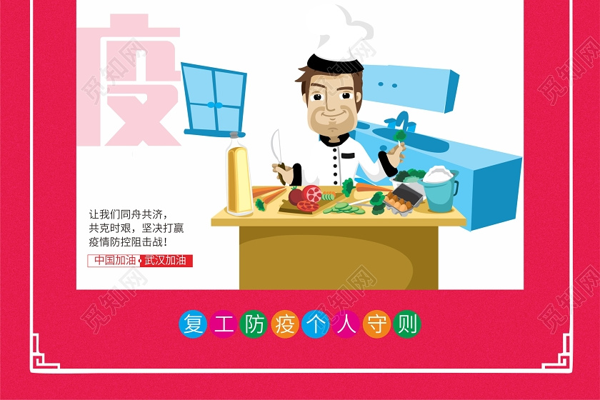 红色几何卡通食堂用餐防护建议防控疫情返岗复工海报
