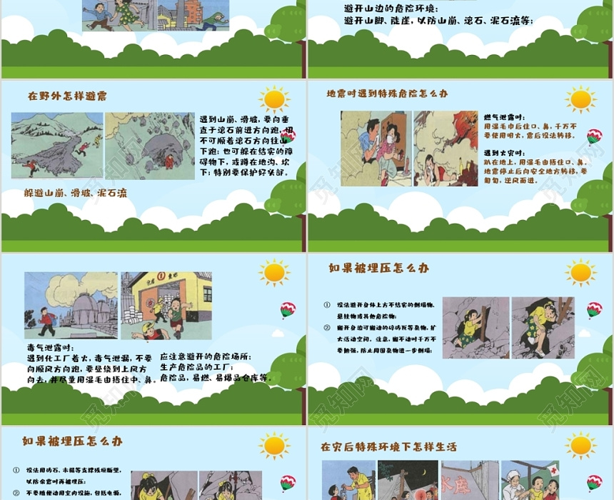 卡通儿童校园防震减灾地震自救逃生记课件PPT模板下载 - 觅知网
